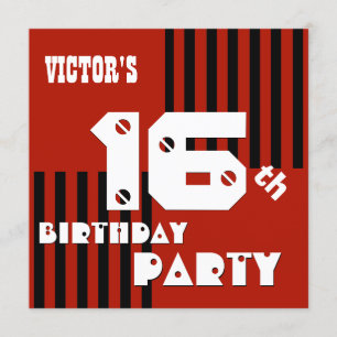 16th or Any Birthday Modern Red Black Stripes T16A Invitation