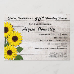16th or Any Birthday Party Sunflower Invitations