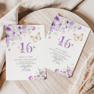16th Purple Lilac Butterflies birthday Invitation