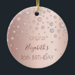 16th sixteenth birthday rose gold diamonds 16 ceramic tree decoration<br><div class="desc">An ornament for a girly and glamourous Sweet 16th birthday. A faux rose gold background with an elegant faux rose gold diamonds. The text: The name is written in dark rose gold with a modern hand lettered style script. Tempate for a date and age 16. Perfect as party decoration, favour,...</div>