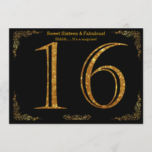 16th, Sweet Sixteen, Birthday party,black glitter Invitation