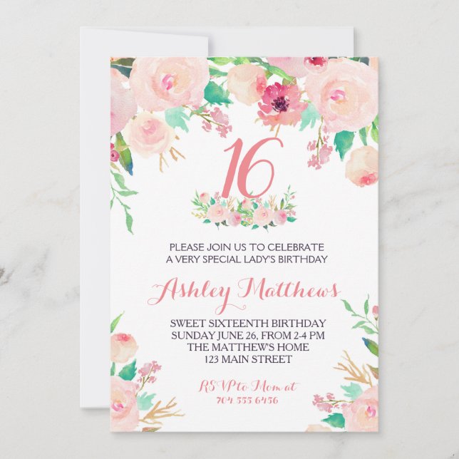 16TH SWEET SIXTEEN birthday pink Floral Invitation (Front)