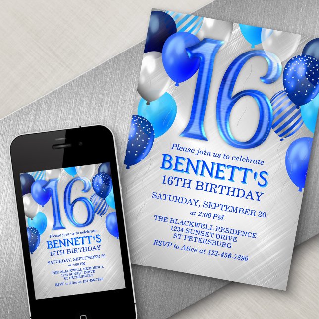 16th Teen Boy Blue Birthday Invitation (Creator Uploaded)
