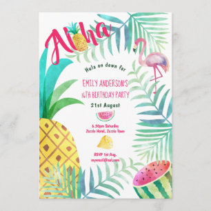 16th Tropical Pineapple Birthday Invites Flamingo