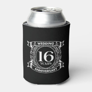 16TH wedding anniversary black and white Can Cooler