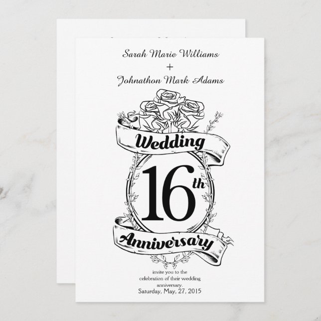 16th Wedding Anniversary Black and White Roses Invitation (Front/Back)