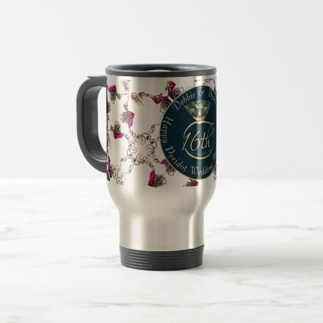 16th Wedding Anniversary Peridot Roses on Navy  St Travel Mug (Front Left)
