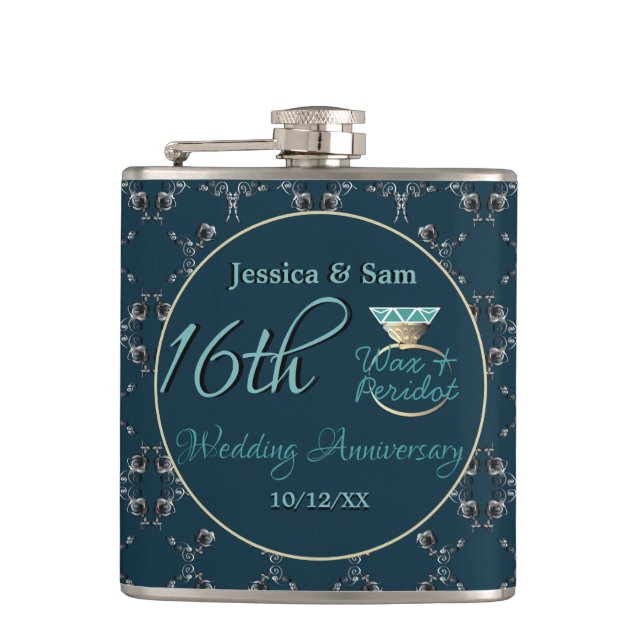 16th Wedding Anniversary Peridot Silvery Hip Flask (Front)