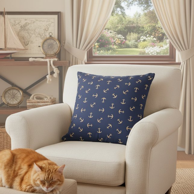 16x16 Navy Blue and Gold Anchor Pillow for Sofa (Navy blue anchor throw pillow ⚓)
