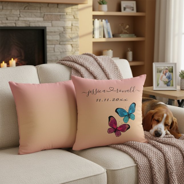 16x16 Rose Gold Names & Date Wedding Throw Pillow (Rose gold wedding pillow with custom names connected with a heart, wedding date and butterflies.)