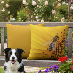 16x16 Yellow Sunflower and Bee Outdoor Pillow