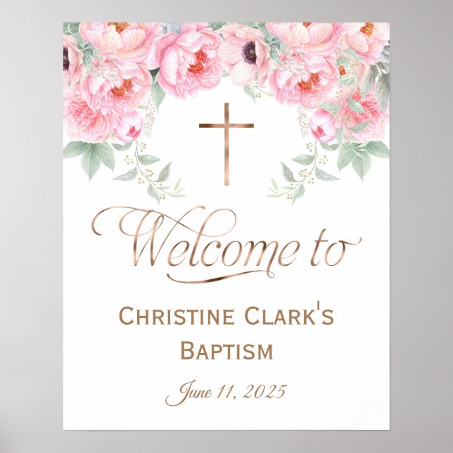16x20, Pink, Floral, Girl, Baptism Welcome Sign (Front)