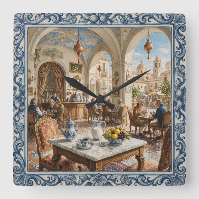 1700’s Sicilian Style Ceramic Palermo Coffee House Square Wall Clock (Front)