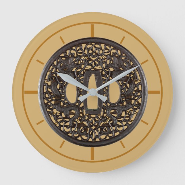 1700's Samurai Sword Guard (Tsuba) Dragons Print Large Clock (Front)