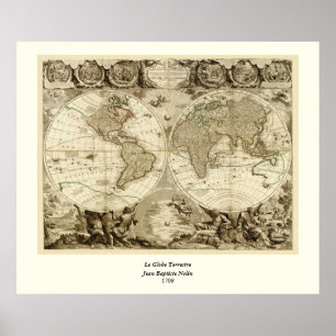 1708 World Map by Jean Baptiste Nolin Poster