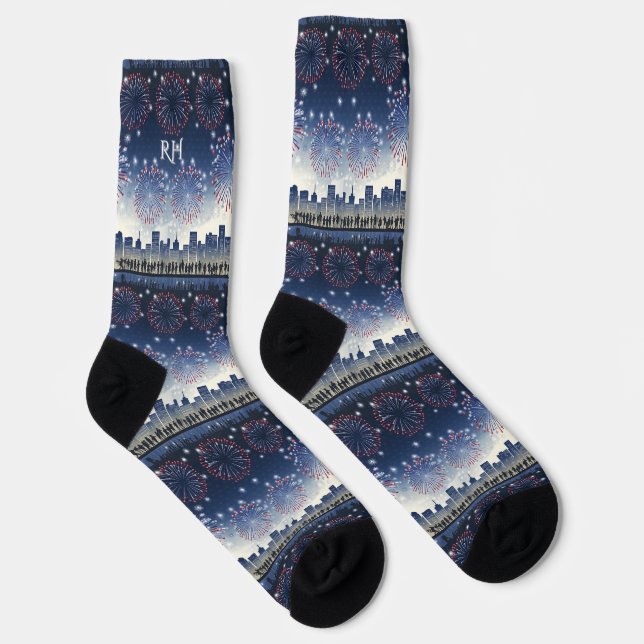 1776–2026 Fireworks Skyline Monogram Celebration Socks (Right)
