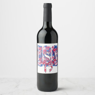 1776 America 4th of July USA Floral Flowers Wine Label