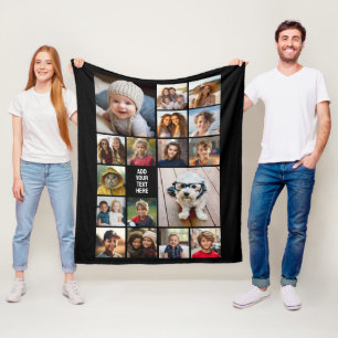 17 Photo Collage and Text - Can Edit Black Fleece Blanket