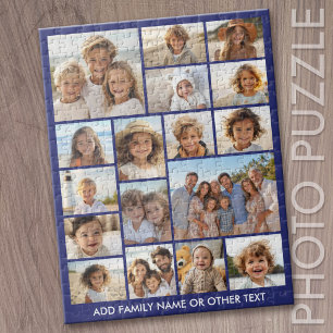 17 Photo Collage and Text - Modern Blue and White Jigsaw Puzzle