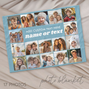 17 Photo Collage - Blue with Text Block in Centre Fleece Blanket