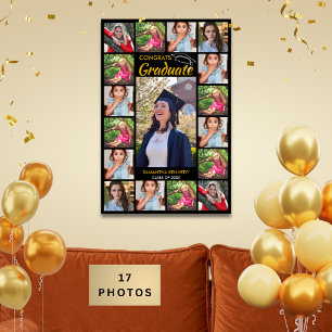 17 Photo Collage Congrats Graduate Black And Gold Poster