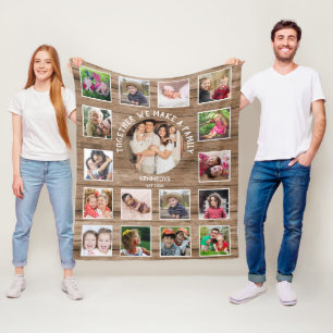 17 Photo Collage Family Name Quote Rustic Wood Fleece Blanket