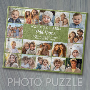 17 Photo Collage with Text Block in Centre - Green Jigsaw Puzzle
