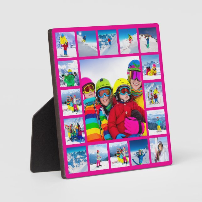 17 Photo Grid Collage Design Hot Pink Plaque (Front)
