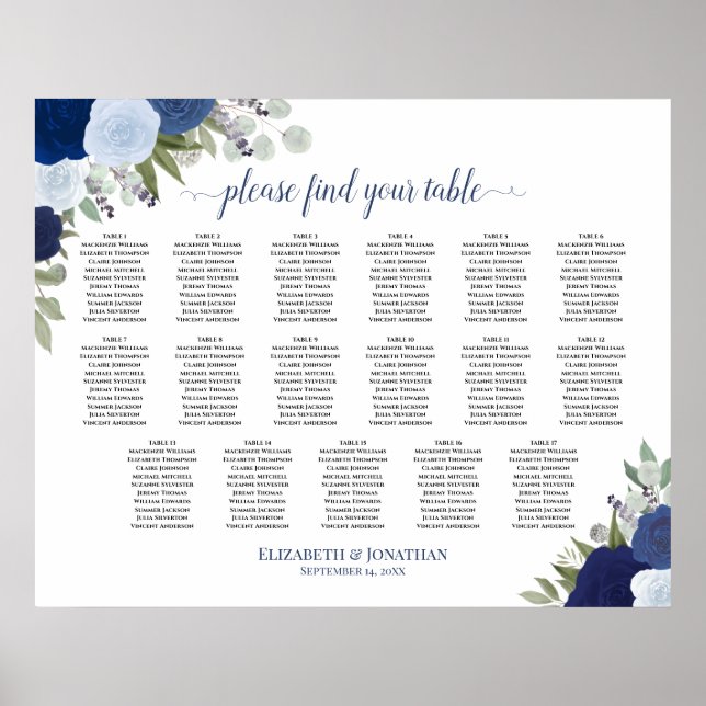 17 Table Blue Boho Floral Wedding Seating Chart (Front)