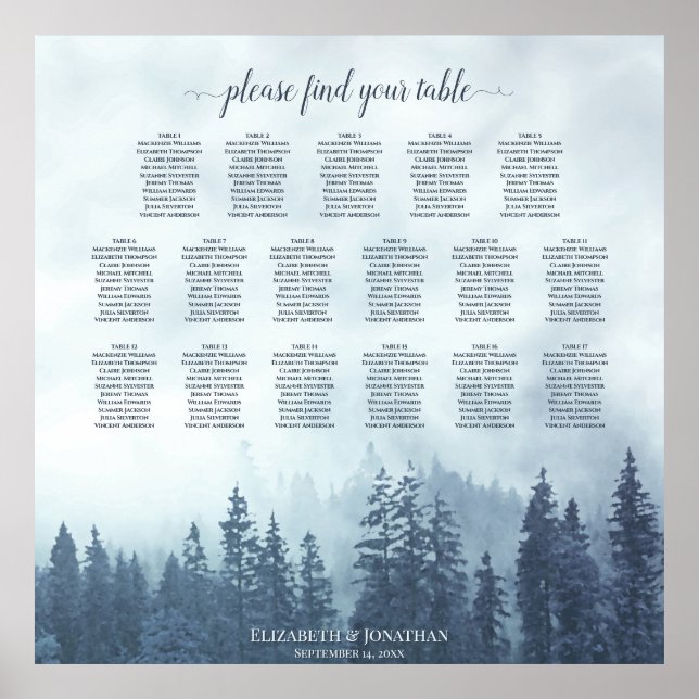 17 Table Blue Pine Forest Wedding Seating Chart (Front)
