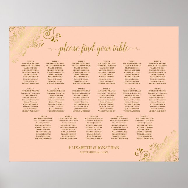 17 Table Coral Peach & Gold Wedding Seating Chart (Front)