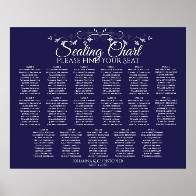 17 Table Elegant Navy Blue Wedding Seating Chart (Front)