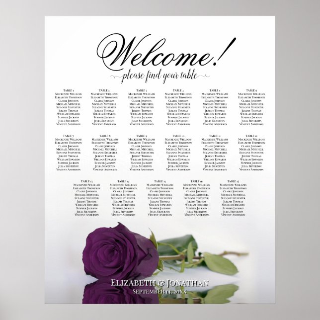 17 Table Elegant Plum Purple Rose Seating Chart (Front)