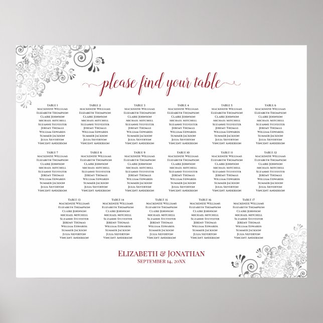 17 Table Frilly White Wedding Seating Chart Red (Front)