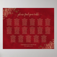 17 Table Gold Frills on Red Wedding Seating Chart