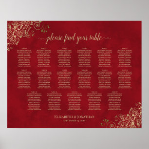 17 Table Gold Frills on Red Wedding Seating Chart