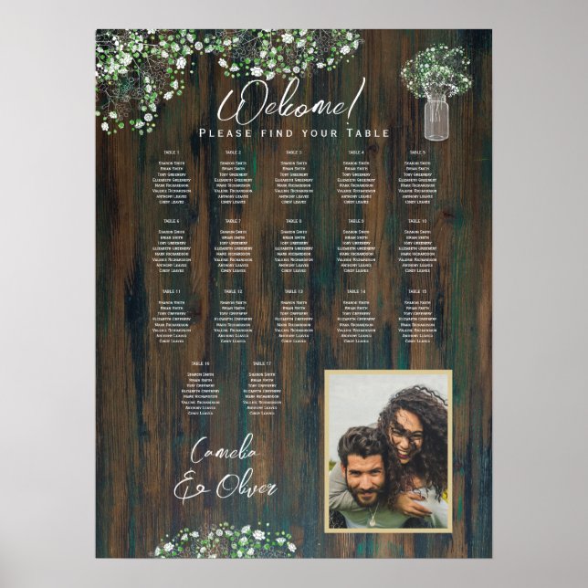 17 Table Rustic Wood Gypsophila PHOTO SEATING Poster (Front)