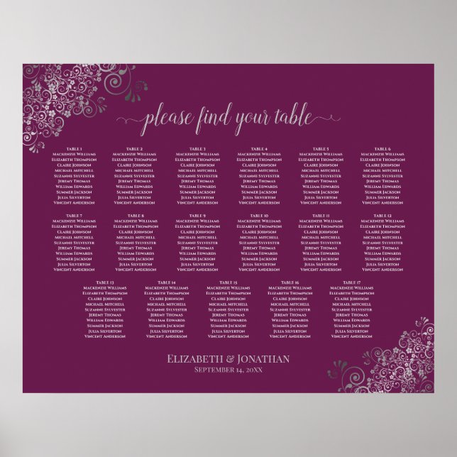 17 Table Silver on Cassis Wedding Seating Chart (Front)