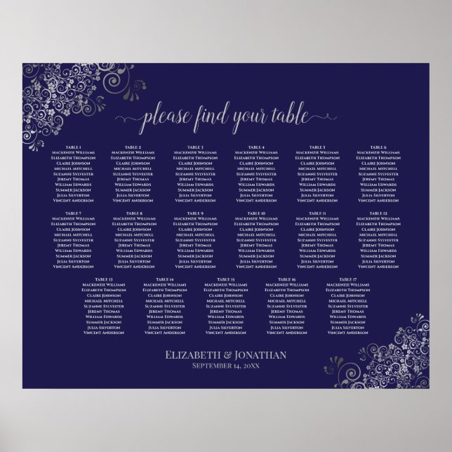 17 Table Silver on Navy Blue Wedding Seating Chart (Front)