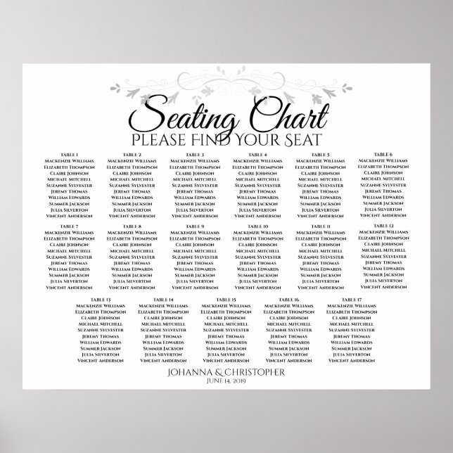 17 Table Simple Lacy Border Wedding Seating Chart (Front)