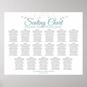 17 Table Teal on White Wedding Seating Chart