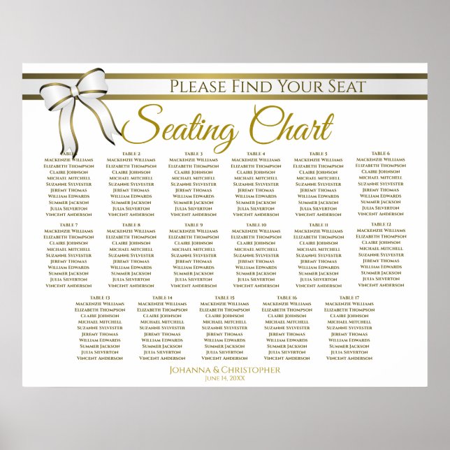 17 Table White & Gold Ribbon Wedding Seating Chart (Front)
