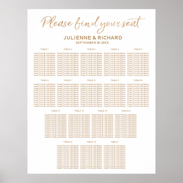 17 Tables Wedding Seating Plan Rose Gold Sign (Front)