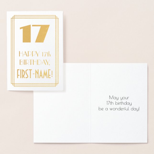 17th Birthday: Art Deco Inspired Look "17" & Name Foil Card (Display)