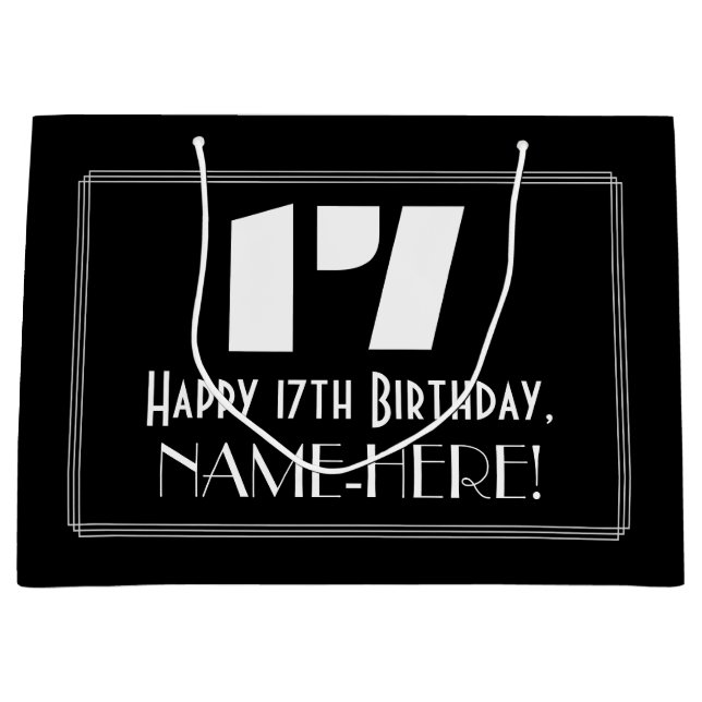 17th Birthday ~ Art Deco Inspired Look "17" + Name Large Gift Bag (Front)