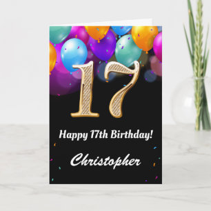 17th Birthday Black and Gold Colourful Balloons Card