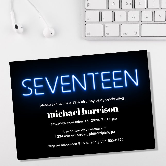 17th Birthday Blue Neon Lights Party Invitation (Creator Uploaded)