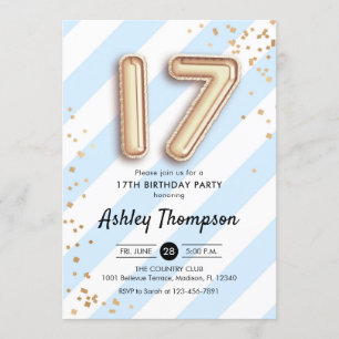 17th Birthday - Blue Stripes and Gold Balloons Invitation
