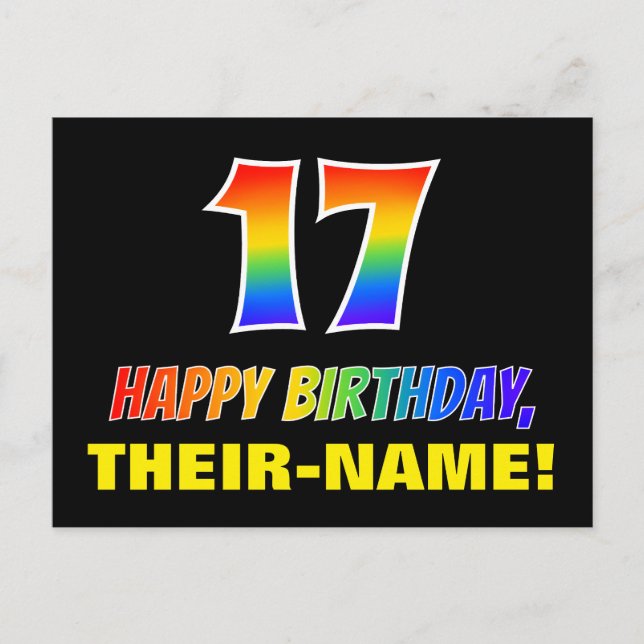 17th Birthday: Bold, Fun, Simple, Rainbow 17 Postcard (Front)
