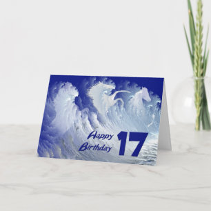 17th birthday card with wild white surf horses